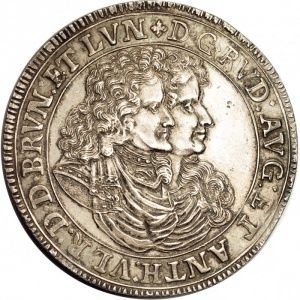 Аверс монеты Брауншвейг-Вольфенбюттель, 1 талер, 1688-1700, Две головы на аверсе