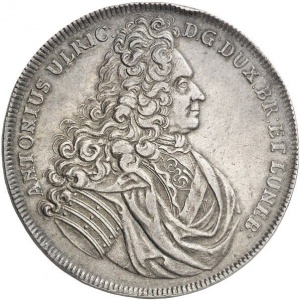 Аверс монеты Брауншвейг-Вольфенбюттель, 1 талер, 1710-1712, Голова на аверсе, герб на реверсе