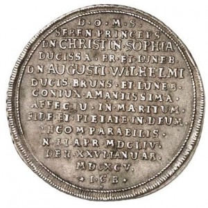 Аверс монеты Брауншвейг-Вольфенбюттель, ¼ талера, 1695, Смерть Кристианы Софии, жены Августа Вильгельма