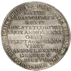 Аверс монеты Брауншвейг-Вольфенбюттель, ½ талера, 1666, Смерть Августа II