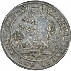 Реверс монеты Брауншвейг-Вольфенбюттель, 1 талер, 1643, Колокольный талер /NUPAC EXBOE/