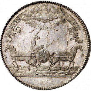 Аверс монеты Брауншвейг-Вольфенбюттель, 1 талер, 1702, Расторжение Братского Соглашения /облако над лошадьми/