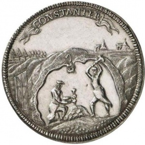 Реверс монеты Брауншвейг-Вольфенбюттель, 1½ талера, 1705, Визит Антона Ульриха на монетный двор Целлерфельда