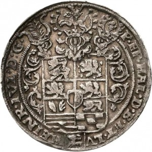Аверс монеты Брауншвейг-Вольфенбюттель, 1 талер, 1597-1598, Святой Андреас, дата над святым, легенду делит олень