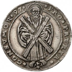 Реверс монеты Брауншвейг-Вольфенбюттель, 1 талер, 1597-1598, Святой Андреас, дата над святым, легенду делит олень