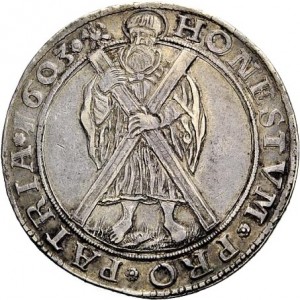 Реверс монеты Брауншвейг-Вольфенбюттель, 1 талер, 1602-1603, Святой держит крест, смотрит влево
