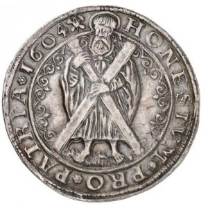 Реверс монеты Брауншвейг-Вольфенбюттель, 1 талер, 1604-1605, Святой держит крест, смотрит влево