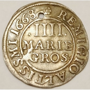 Реверс монеты Брауншвейг-Вольфенбюттель, 4 мариенгроша, 1667-1674, Дикарь не в венке, DG перед именем герцога
