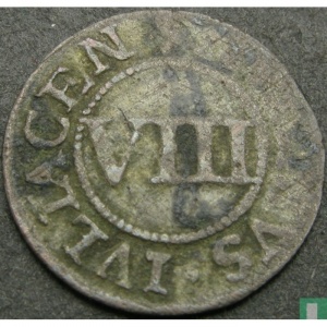 Аверс монеты Герцогство Берг, 8 геллеров, 1663, Лев на щите, надпись: "NVMMVS..."