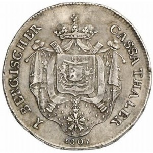 Реверс монеты Герцогство Берг, 1 талер, 1807, Надпись на реверсе: "1 BERGISCHER CASSA THALER"