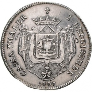 Реверс монеты Герцогство Берг, 1 талер, 1807, Надпись на реверсе: "CASSA THALER 1 BERGISCHER"