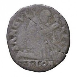 Реверс монеты Мантуя, 1 сесино, 1519, Св. Лонгин Сотник на коленях на реверсе