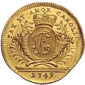Аверс монеты Герцогство Вюртемберг, 1 дукат, 1749, Свадьба Карла Евгения с Елизаветой Фридерикой Софией