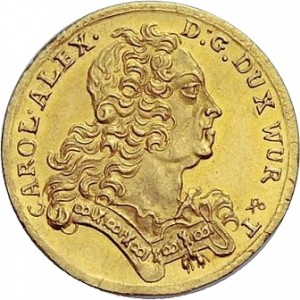 Аверс монеты Герцогство Вюртемберг, 1 дукат, 1736, Небольшой бюст на аверсе