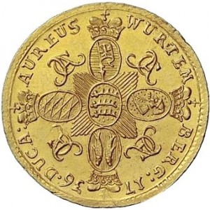 Реверс монеты Герцогство Вюртемберг, 1 дукат, 1736, Небольшой бюст на аверсе
