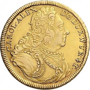 Аверс монеты Герцогство Вюртемберг, 1 каролин, 1734, Средний бюст на аверсе