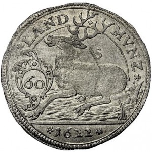 Реверс монеты Герцогство Вюртемберг, 60 крейцеров, 1622-1623, Круглая монета, квадратный герб на аверсе