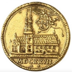 Аверс монеты Регенсбург, 1 дукат, 1627, Закладка первого камня в фундамент троицкой церкви
