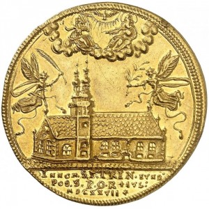 Аверс монеты Регенсбург, 4 дуката, 1627, Закладка первого камня в фундамент троицкой церкви