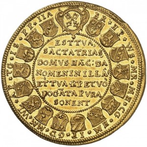 Реверс монеты Регенсбург, 4 дуката, 1627, Закладка первого камня в фундамент троицкой церкви