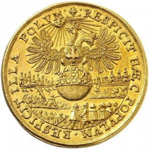 Реверс монеты Регенсбург, 10 дукатов, 1653, Коронация Фердинанда IV