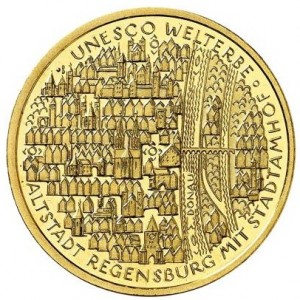 Реверс монеты Регенсбург, 100 евро, 2016, Мировое наследие ЮНЕСКО - Регенсбург и Штадтамхоф