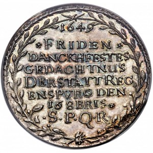 Реверс монеты Регенсбург, 1 дукат, 1649, Празднование окончания 30 летней войны /✽FRIDEN✽/