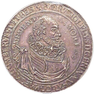 Аверс монеты Ангальт-Цербст, 1 талер, 1621, Смерть Рудольфа. Легенда заканчивается "MID" на реверсе