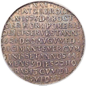 Реверс монеты Ангальт-Цербст, 1 талер, 1621, Смерть Рудольфа. Легенда заканчивается "MID" на реверсе