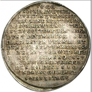 Реверс монеты Ангальт-Цербст, 1 талер, 1680, Смерть Софии Августы, матери Карла Вильгельма