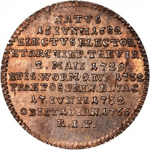 Реверс монеты Трир, 1/32 талера, 1756, Смерть архиепископа. Львы на аверсе