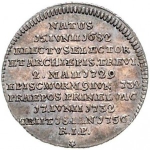 Реверс монеты Трир, 1/16 талера, 1756, Смерть архиепископа. Без львов на аверсе