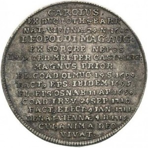 Реверс монеты Трир, 1 талер, 1715, Смерть архиепископа. Надпись в 15 строк на реверсе
