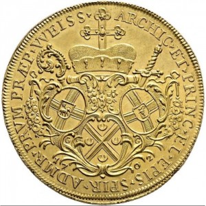 Реверс монеты Трир, 10 дукатов, 1702, Портрет и герб без круга
