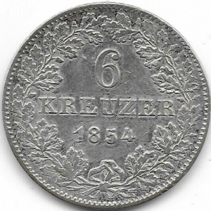 Реверс монеты Вольный город Франкфурт, 6 крейцеров, 1852-1856