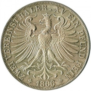Реверс монеты Вольный город Франкфурт, 2 союзных талера, 1860-1866