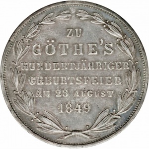 Реверс монеты Вольный город Франкфурт, 2 гульдена, 1849, 100 лет со дня рождения Иоганна Вольфганга фон Гёте