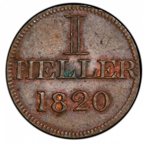 Реверс монеты Вольный город Франкфурт, 1 геллер, 1820, Дубовый венок, "I" без звезд