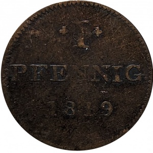 Реверс монеты Вольный город Франкфурт, 1 пфенниг, 1817-1819, Лев