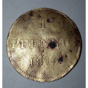 Реверс монеты Вольный город Франкфурт, 1 пфенниг, 1819, Венок вокруг щита, номинал: "I PFENNIG"