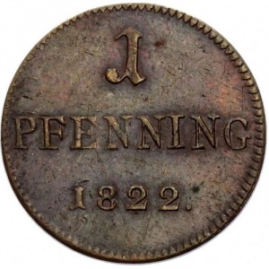 Реверс монеты Вольный город Франкфурт, 1 пфенниг, 1822, Петух