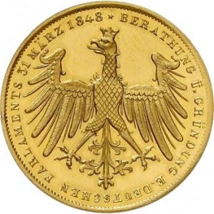 Аверс монеты Вольный город Франкфурт, 2 гульдена, 1849, 100 лет со дня рождения Иоганна Вольфганга фон Гёте