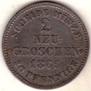 Реверс монеты Королевство Саксония, 2 новых гроша, 1868-1873