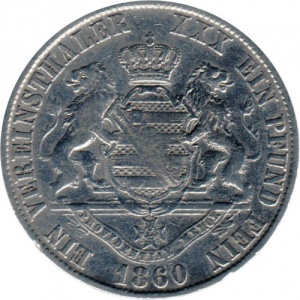 Реверс монеты Королевство Саксония, 1 союзный талер, 1860-1861, Герб со львами на реверсе