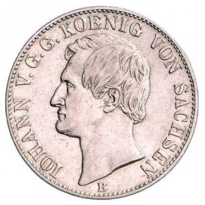 Аверс монеты Королевство Саксония, 1 союзный талер, 1861-1867, Герб с шахтерами на реверсе