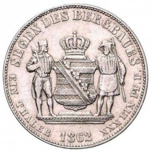 Реверс монеты Королевство Саксония, 1 союзный талер, 1861-1867, Герб с шахтерами на реверсе