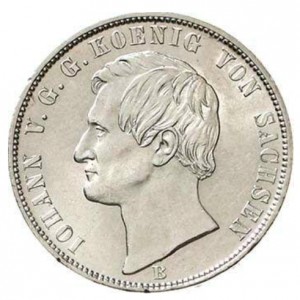 Аверс монеты Королевство Саксония, 1 союзный талер, 1868-1871, Герб с шахтерами на реверсе