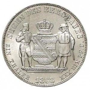 Реверс монеты Королевство Саксония, 1 союзный талер, 1868-1871, Герб с шахтерами на реверсе