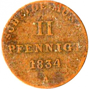 Реверс монеты Королевство Ганновер, 2 пфеннига, 1834