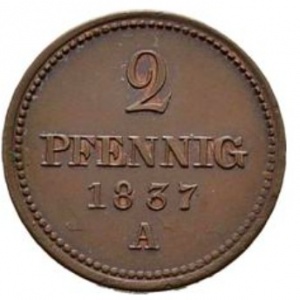 Реверс монеты Королевство Ганновер, 2 пфеннига, 1837, Герб на аверсе, номинал 2 PFENNIG